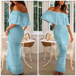 New Crochet Lace Off Shoulder Popover Ruffle Knit Maxi Dress Bodycon Blue